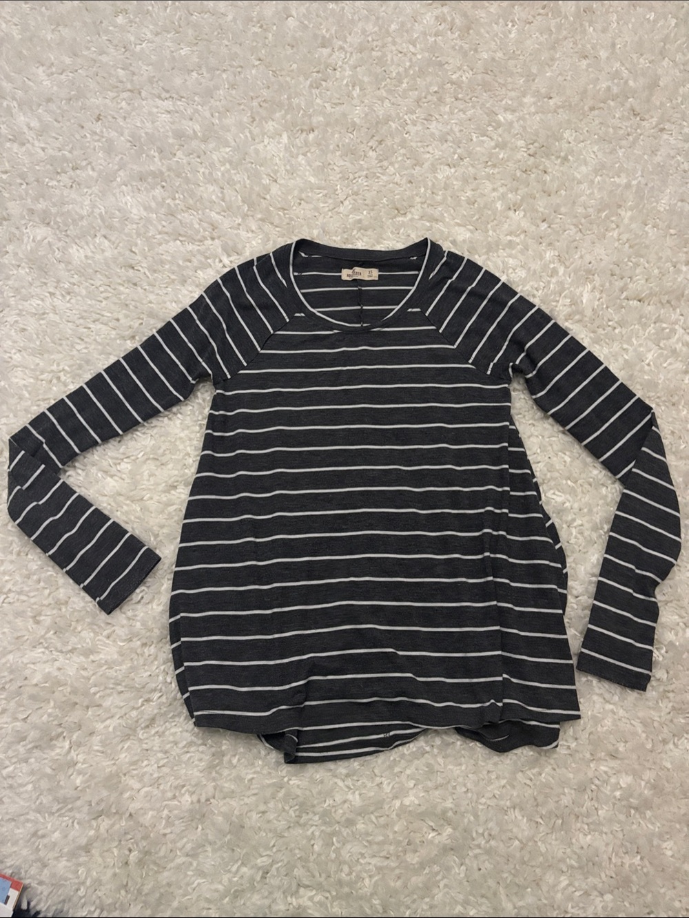 Hollister Grey and White Striped Long-Sleeve Crew Tee